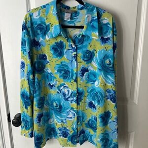 1x Lemon Green & Blue Floral Button-Up Blouse